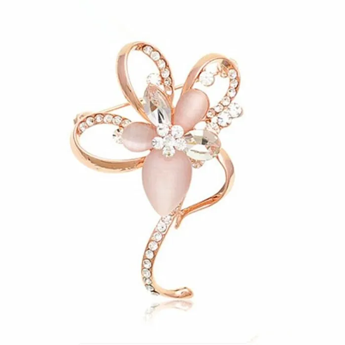 Pink opal blomst med krystaller - elegant broche