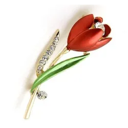 Rød tulipan med krystaller - broche