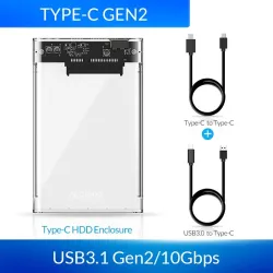 ORICO - 2,5 tommer - gennemsigtigt HDD etui - med kabel - type C Gen 2 - USB3.1