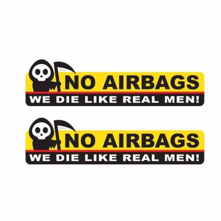Sjovt bilklistermærke - skelethoved / INGEN AIRBAGS VI DØR SOM RIGTIGE MÆND - 2 stk.