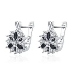 Elegant silver earrings - with white / black crystal flowerEarrings
