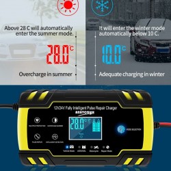 Bilbatterioplader - fuldautomatisk - digital LCD - 12V-24V - 8A