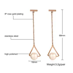 Triangles & pearls - rose gold long earrings