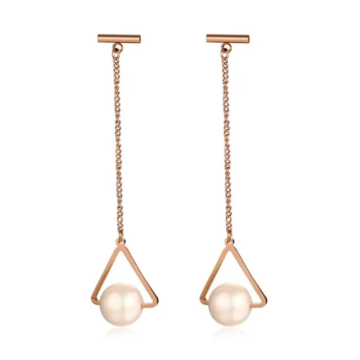 Triangles & pearls - rose gold long earrings