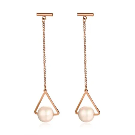 Triangles & pearls - rose gold long earrings