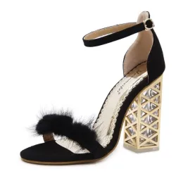 Fur crystal transparent metal high heel sandals