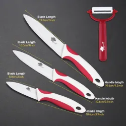 A set of ceramic knives with a peeler