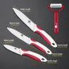 A set of ceramic knives with a peeler