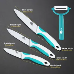 A set of ceramic knives with a peeler