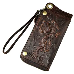 Dragon design - multifunction leather wallet with strap & zipper
