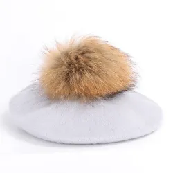 Elegant beret with fur pom-pomHats & Caps