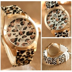 Fashionable stainless steel watch with leopard pattern - silicone band